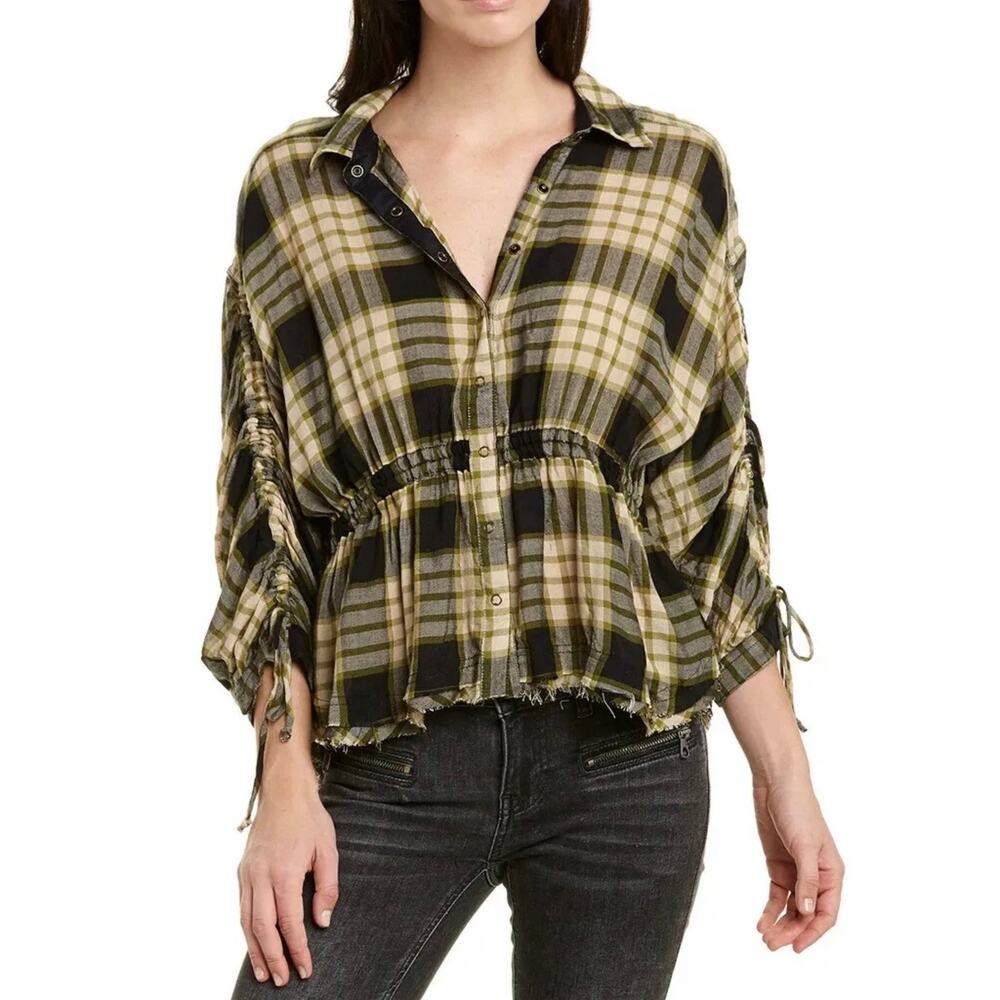 We The Free Pacific Dawn Plaid Snap Front Shirt Ruched Sleeves Tie Waist XS NWT